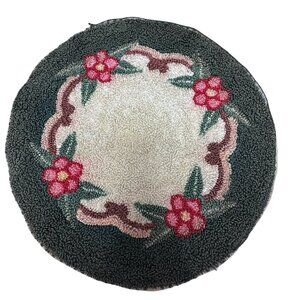 Round Floral Embroidered Rug 8" Dollhouse Formal Victorian Wool Blend Green Pink
